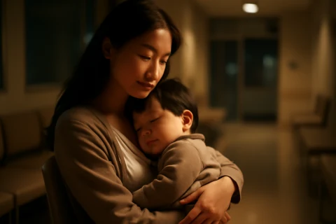 인천 야간 병원 진료 대기 중인 엄마와 아이의 따뜻한 클리닉 내부 장면