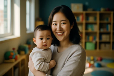 인천 어린이집 입소 신청 안내 받는 엄마와 아기 모습