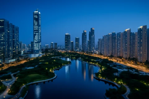 인천 연수구 송도 신도시 센트럴파크 일대 항공뷰 야경