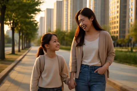 인천 연수구 송도 학군 이사 고민하는 학부모와 아이가 신도시 거리를 걷는 장면