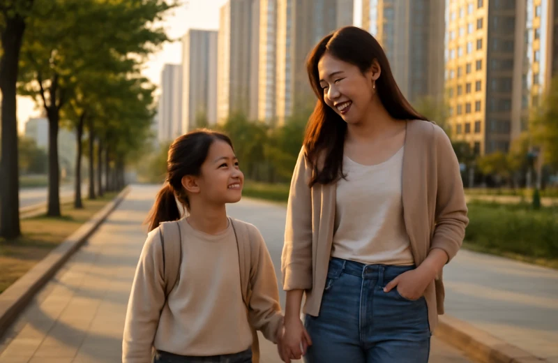 인천 연수구 송도 학군 이사 고민하는 학부모와 아이가 신도시 거리를 걷는 장면