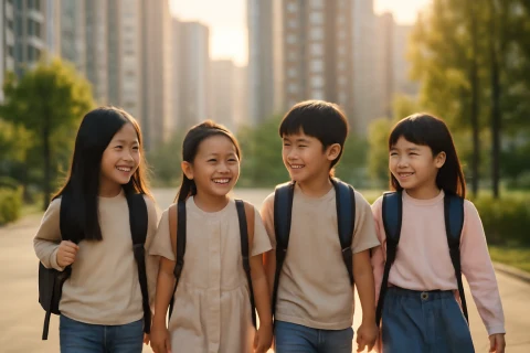 인천 연수구 송도 학군 신도시 통학로를 걷는 초등학생들