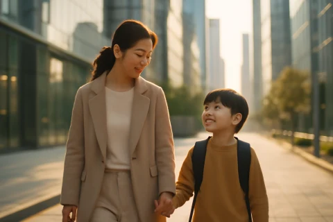 인천 연수구 송도 학원가 등굣길 걷는 학부모와 아이