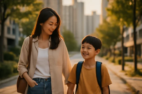 인천 연수구 학군 이사 고민 중인 학부모와 아이가 학원가 거리를 걷는 모습