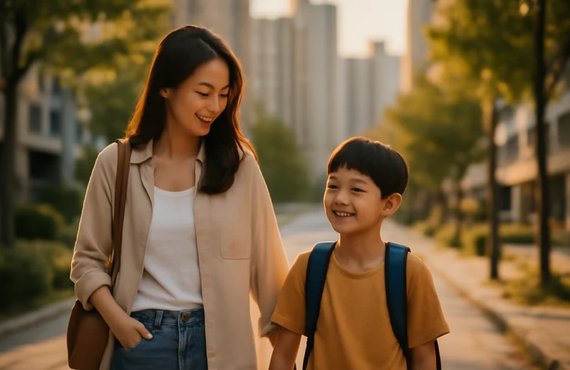 인천 연수구 학군 이사 고민 중인 학부모와 아이가 학원가 거리를 걷는 모습