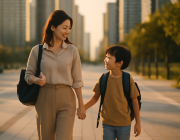 인천 연수구 송도 학군 학원가 학부모와 아이 등하교 장면