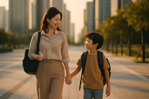 인천 연수구 송도 학군 학원가 학부모와 아이 등하교 장면