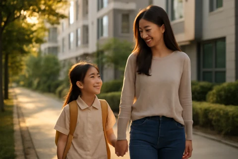 인천 연수구 학군 이사 전 학원가 확인하는 학부모와 아이