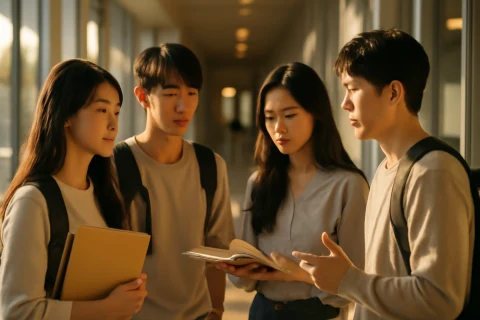인천 전문대 진학 상담 중인 학생들 캠퍼스 복도 장면