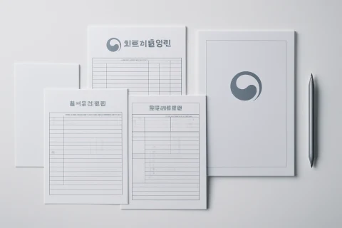 인천 중구 복지 지원금 신청 서류와 볼펜이 흰 책상 위에 정리된 모습