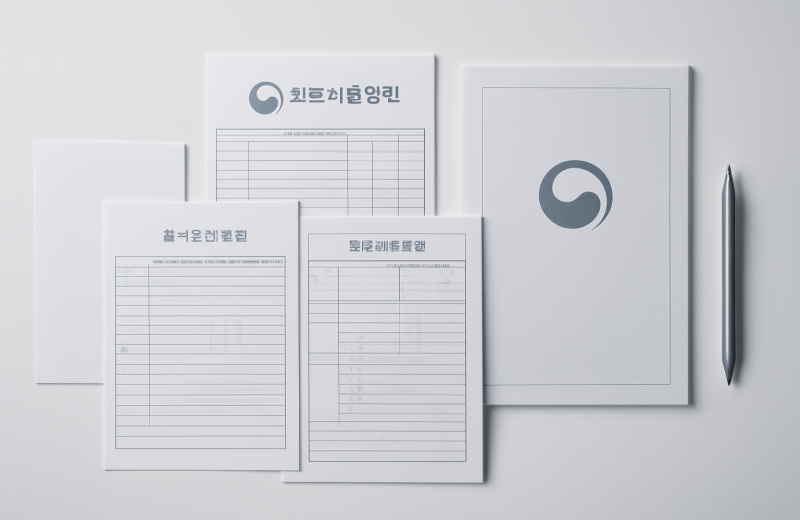 인천 중구 복지 지원금 신청 서류와 볼펜이 흰 책상 위에 정리된 모습
