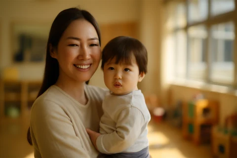 인천 중구 어린이집 신청 정보를 확인하는 젊은 엄마와 아이