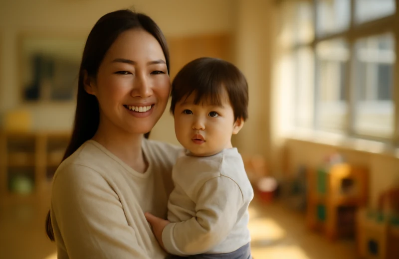 인천 중구 어린이집 신청 정보를 확인하는 젊은 엄마와 아이