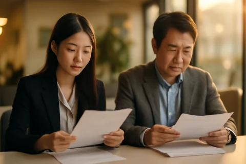 인천 취업 지원 상담 센터에서 청년과 중장년이 나란히 서류를 검토하는 장면