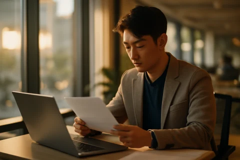 인천 청년 취업 지원 공고를 노트북으로 확인하는 직장인