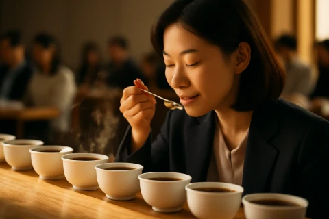 인천 커피 시음회에서 커피 향을 음미하는 참가자의 모습