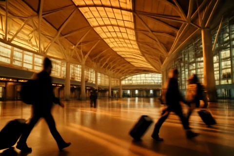 인천공항 터미널 내부 황금빛 조명 아래 여행객들이 이동하는 장면