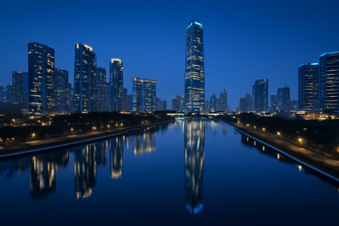 인천 송도 센트럴파크 야경 드론 항공사진, 야간 수면 반사