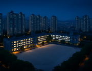 인천 중학교 배정 추첨 대상 학교 단지 항공 뷰 — 아파트와 학교 건물