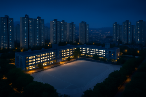 인천 중학교 배정 추첨 대상 학교 단지 항공 뷰 — 아파트와 학교 건물