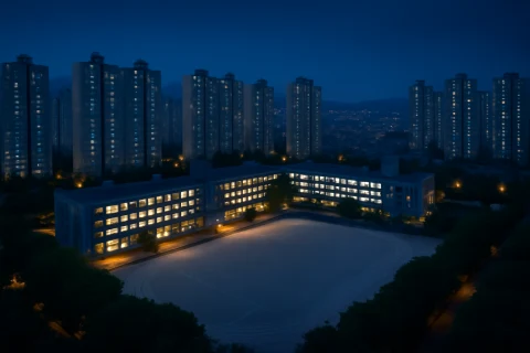 인천 중학교 배정 추첨 대상 학교 단지 항공 뷰 — 아파트와 학교 건물