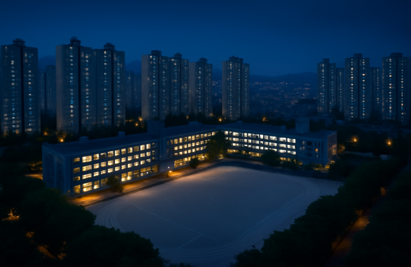 인천 중학교 배정 추첨 대상 학교 단지 항공 뷰 — 아파트와 학교 건물