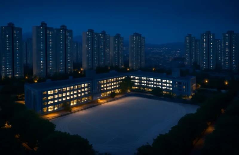 인천 중학교 배정 추첨 대상 학교 단지 항공 뷰 — 아파트와 학교 건물
