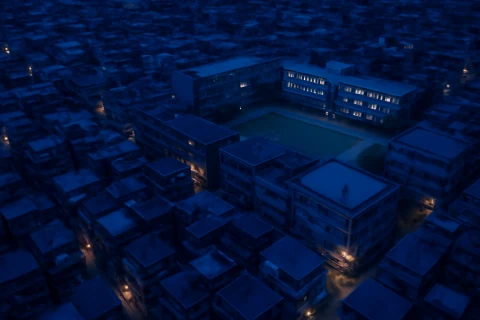 인천 제물포구 주거 밀집 지역 항공 야경과 학교 건물 전경