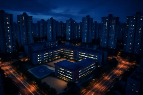 인천 논현동 아파트 단지와 초등학교 항공 뷰 — 남동구 학교 배정 구역