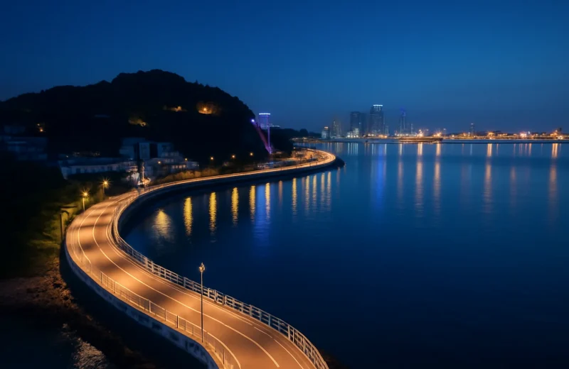 인천 월미도 해안산책로와 항구 야경 드론 뷰