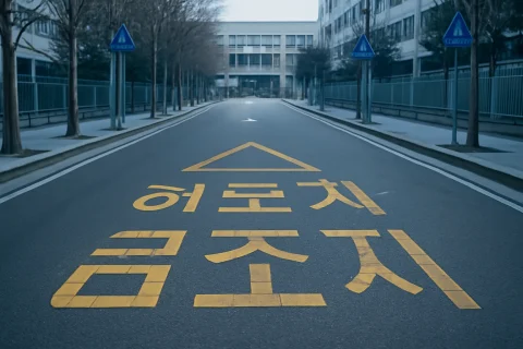 인천 서해구 스쿨존 도로 황색 노면 표시와 어린이보호구역 표지판