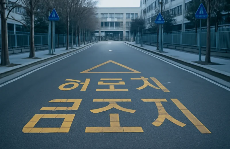 인천 서해구 스쿨존 도로 황색 노면 표시와 어린이보호구역 표지판