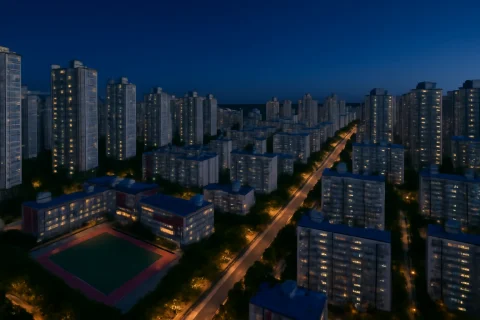 인천 청라 신도시 항공뷰 — 아파트 단지와 학교 건물이 보이는 저녁 풍경